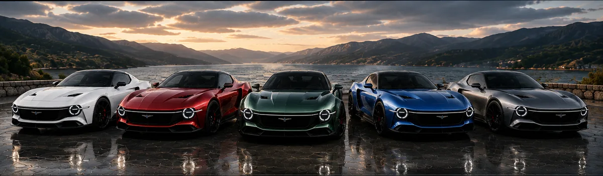 Five Thunderbird concepts together in Oxford White, Fire Red, Emerald Green, Cobra Blue and Gunmetal Grey.