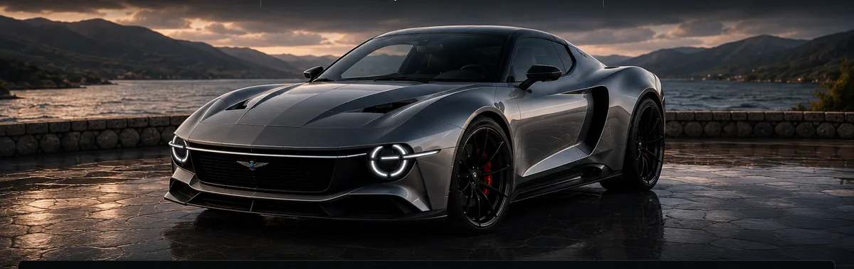 Gunmetal Thunderbird concept viewed from the front three-quarter angle at sunset.