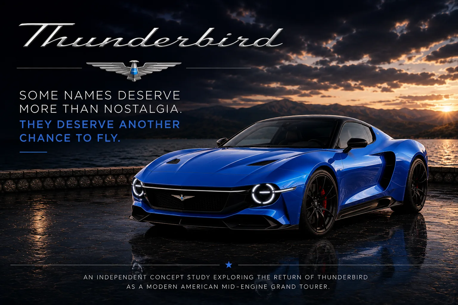 Cobra Blue mid-engine Thunderbird concept grand tourer posed beside a mountain lake at sunset with the Another Chance to Fly campaign statement.