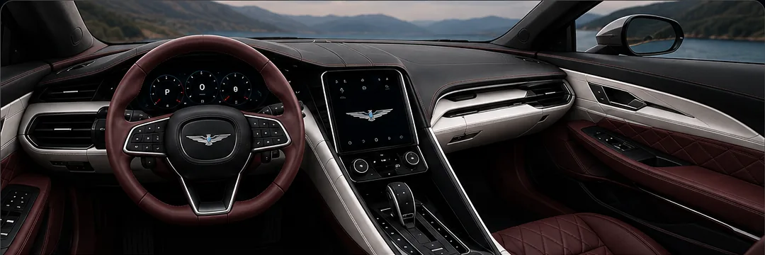 Oxblood and black Thunderbird cockpit with a vertical center display and physical controls.